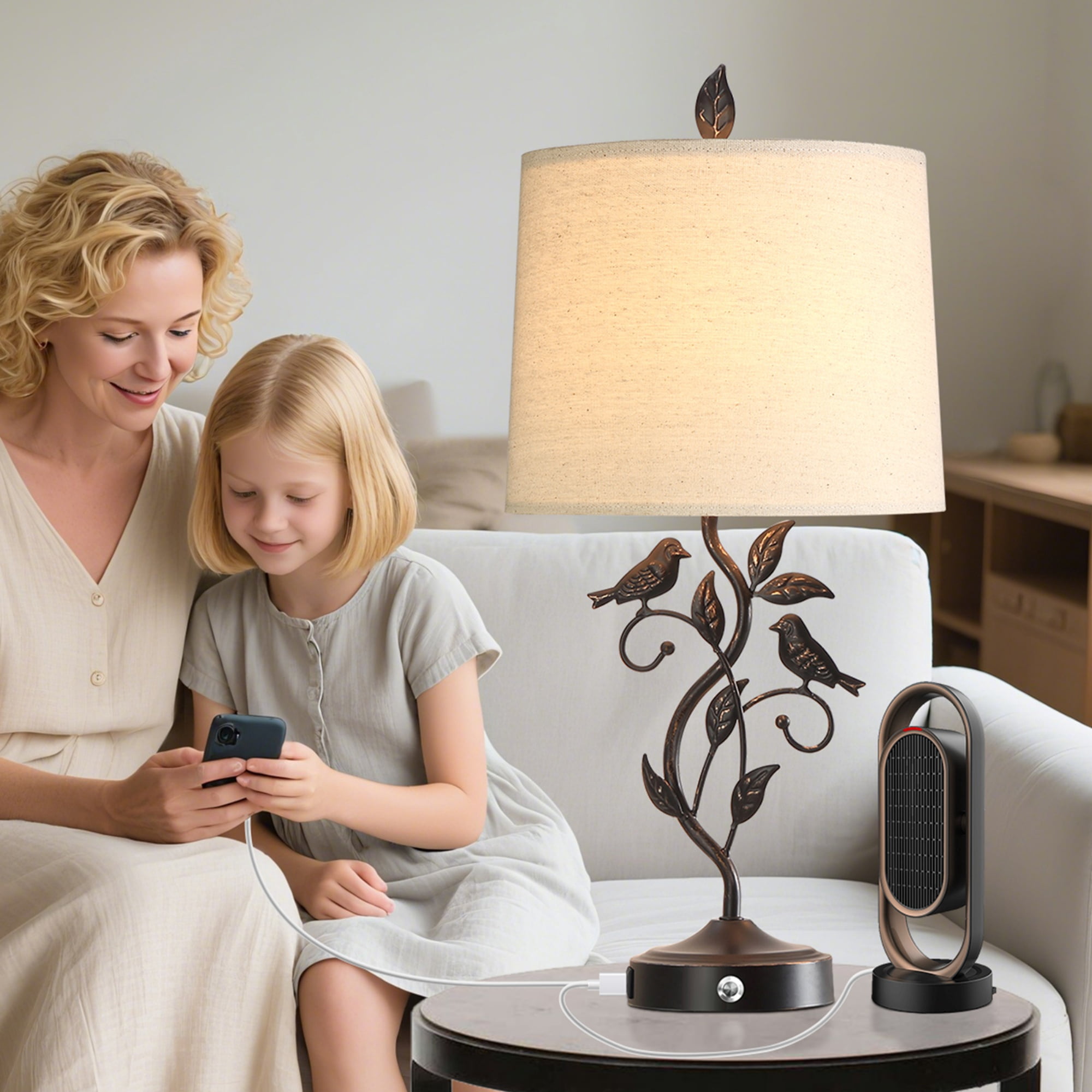 JUJUYUYOP 27"Rustic-Style Black Table Lamps Set of 2, with Dual USB Charging Ports and Linen Shades, Perfect for Bedside Tables, Living Rooms, and Home Offices