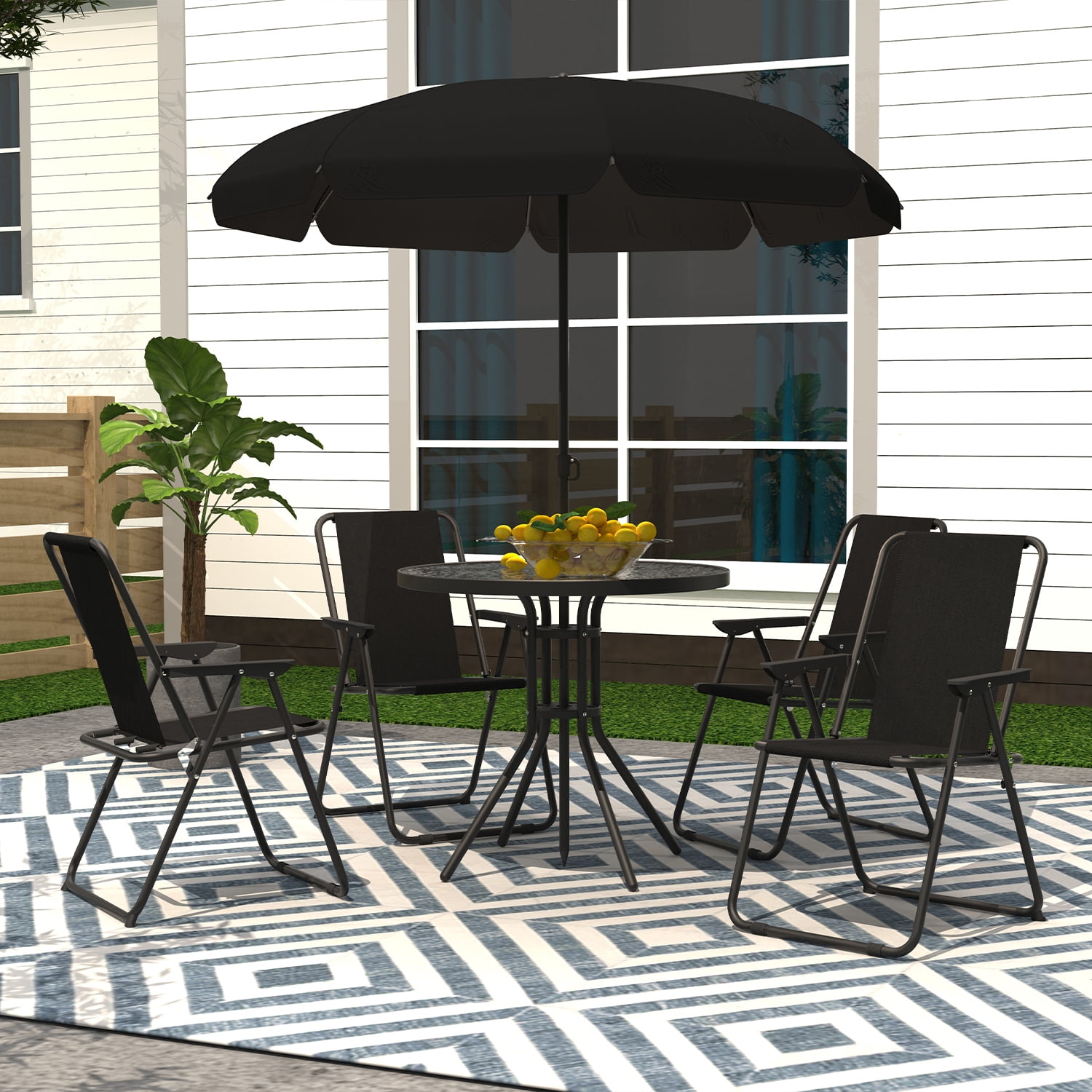 Details about   Metal Garden Round Patio Outdoor Dining Parasol Glass Table & Folding Chairs Set 
