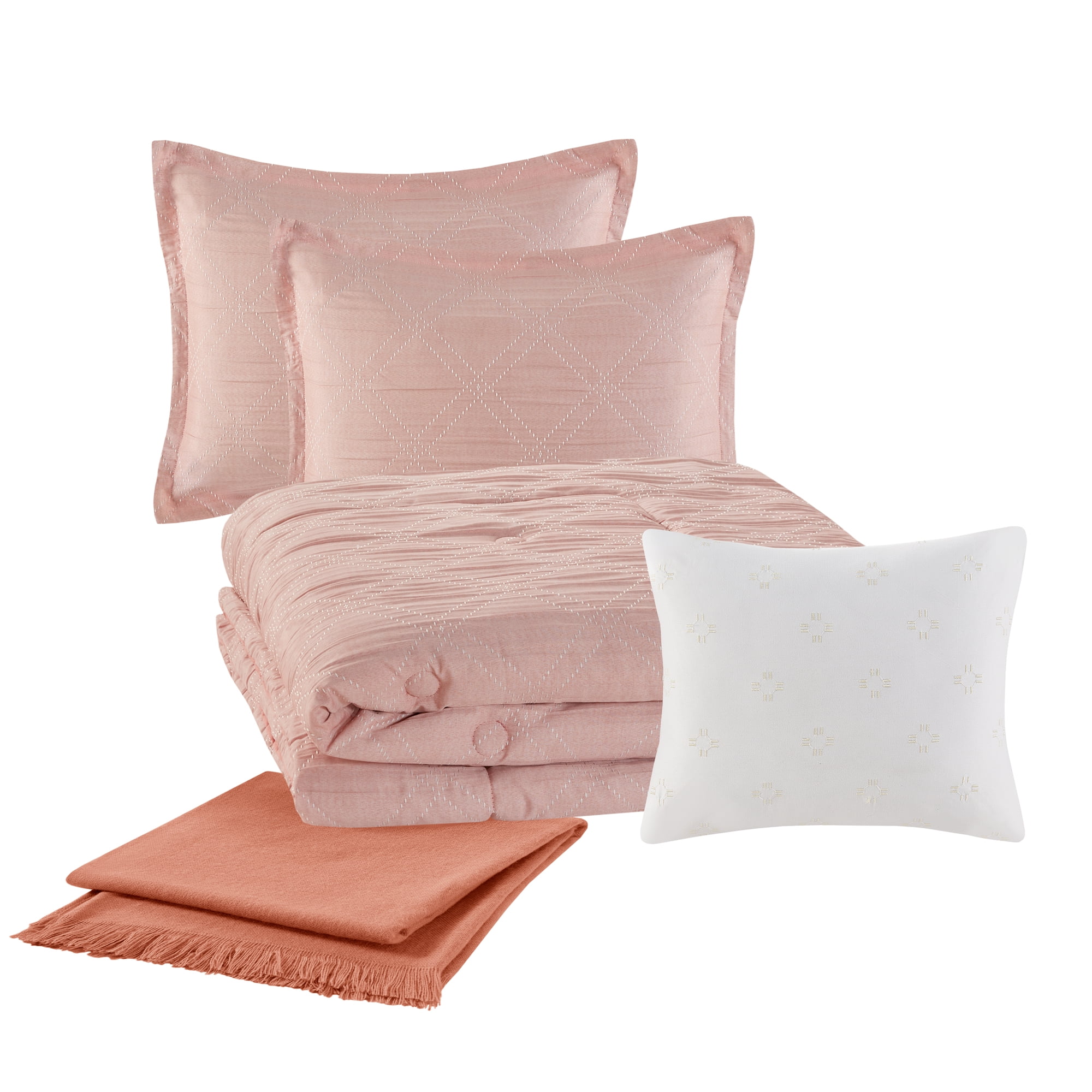 Mainstays 5-Piece Blush Cross Stitch Comforter Set, King