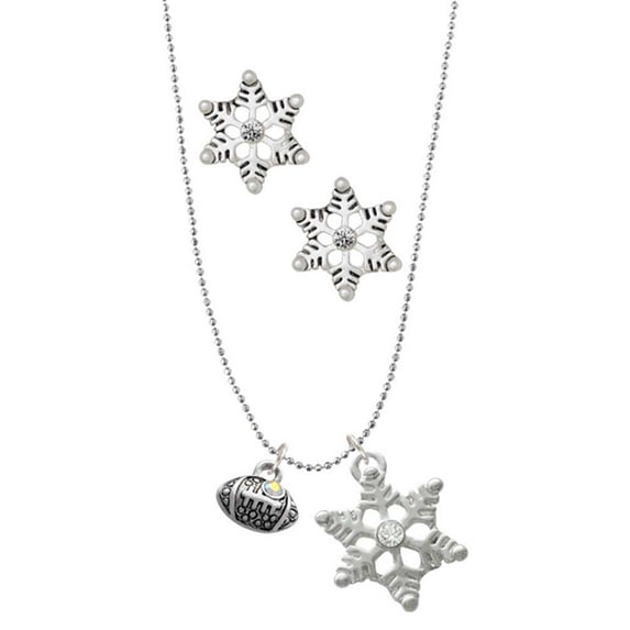 Delight Jewelry Silvertone Mini Football with AB Crystal Silver tone Snowflake Charm Necklace and Stud Earrings