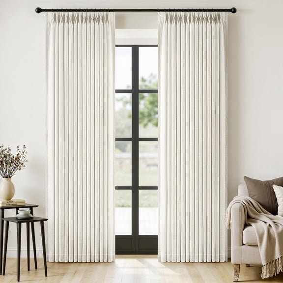 Pinch Pleated Linen Curtains 96 Inches Long 2 Panels for Living Room Bedroom, Memory Trained Drapes Pinch Pleat Back Tab Light Filtering Neutral Ivory Cream Farmhouse Boho Window Curtains