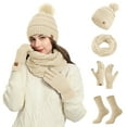 thumbnail image 4 of Warm Knit Winter Hat Scarf Glove Set for Women Winter Christmas Socks Bundle Unisex Adult 4 Piece Sets #01 Beige, 4 of 4