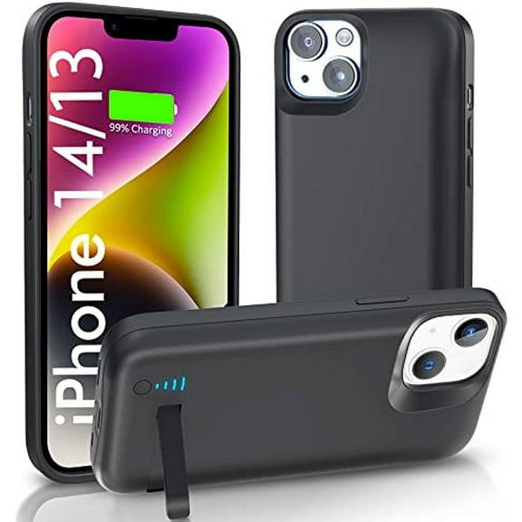 Compatible With Battery Case for iPhone 14/13(6.1 inch), 5000mAh Portable Extended Charging Case with Kickstand Rechargeable Charger Case Compatible with iPhone 14/13 - Black