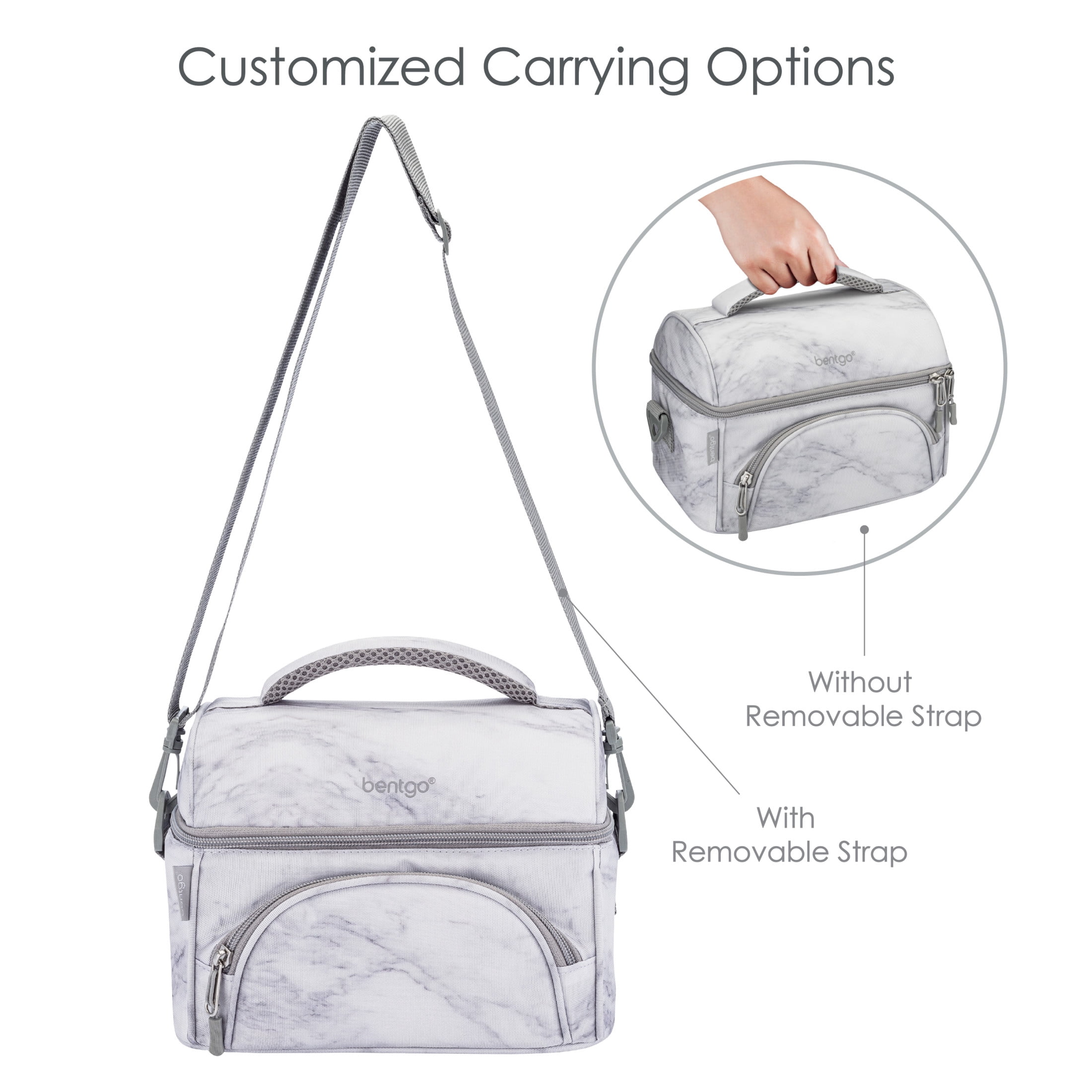 Bentgo Deluxe Lunch Bag - Durable and Insulated Lunch Tote with Zippered Outer Pocket, Internal Mesh Pocket, Padded & Adjustable Straps, & 2-Way Zippers - Fits Most Bentgo Lunch Boxes (White Marble)