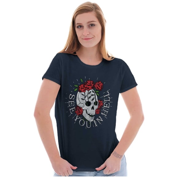 See You in Hell Skull Roses Tattoo Womens Fitted Plus Size Graphic Tee Brisco Brands 2X