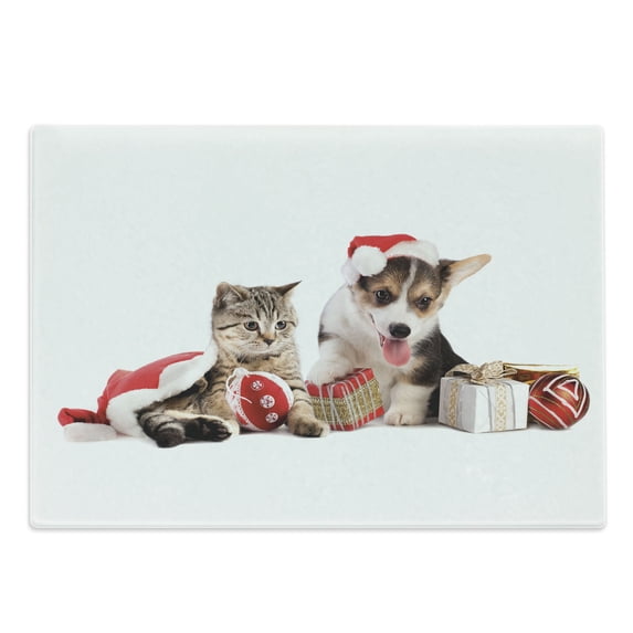 Christmas Cutting Board, Dog and Cat in Santa Hats Surprise Boxes and Balls New Year Celebration, Decorative Tempered Glass Cutting and Serving Board, Large Size, Red White Brown, by Ambesonne