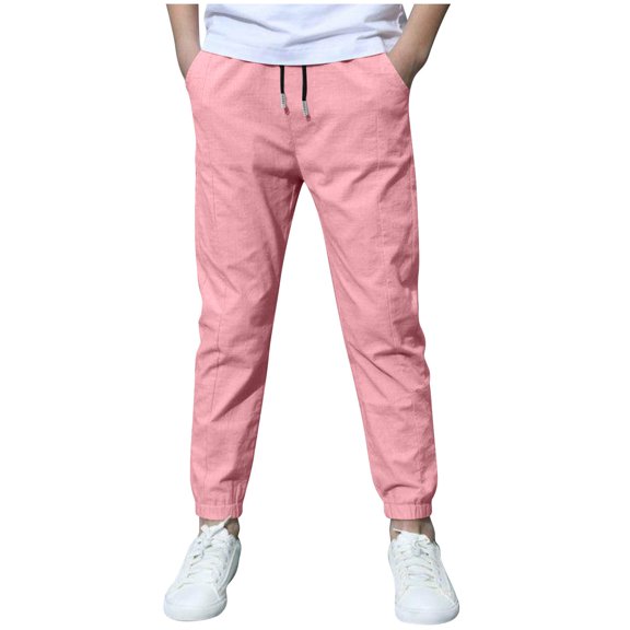 XUELUO Teen Boys Pants Autumn Winter Linen Solid Color Elastic Waist Drawstring Comfortable Straight Leg Slim Fit Casual Jogger Holiday Wear,Pink,10-11 Years