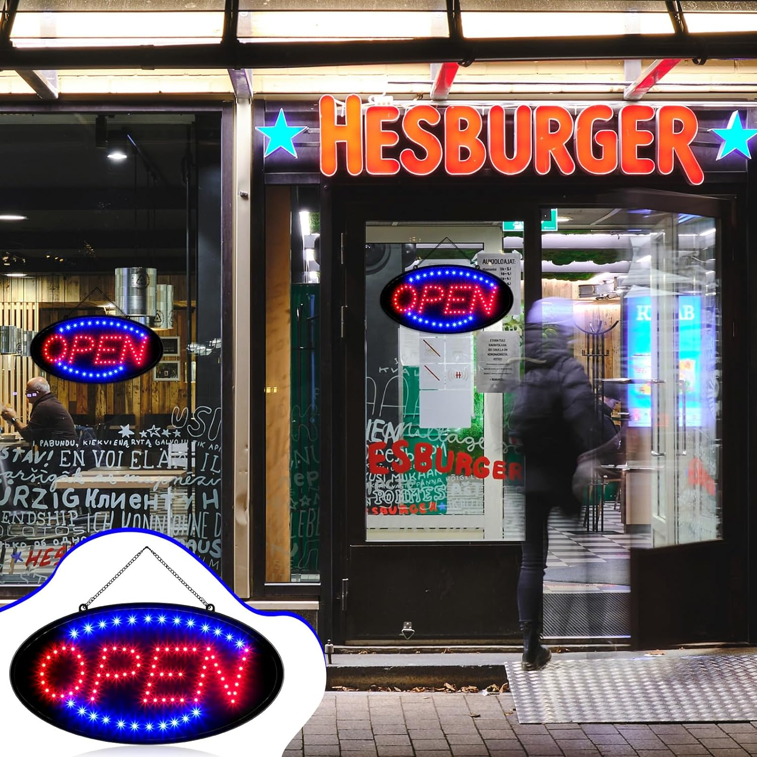UU&T LED Open Sign, 19''x10" Bright Sign Flashing Light for Business Walls Window Shop Bar Hotel, Two Modes, 1.45lbs