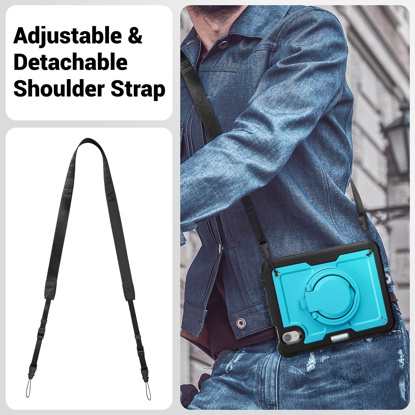 Shockproof Case for Apple iPad Mini 6th 7th Generation 8.3 Inch, Rugged Hybrid Protective Cover with Pencil Holder & Shoulder Strap Kids Friendly Rotating Kickstand Case for iPad Mini 6 7,Lightblue