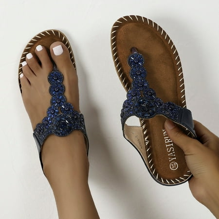 

uikmnh Women Shoes Women Shoes Flip Flops Summer Boho Rhinestone Dress Shoes Comfortable Open Toe Roman Sandals Dark Blue 7