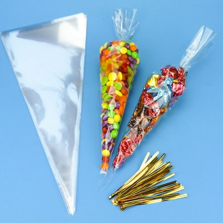 Shaped Treat Bag - CUH 25/50/100PCS Clear Cellophane Cone Shaped Treat Bags Sealed Triangle OPP for Candy Sweet with Ties