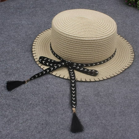 Women Summer Sun Straw Hat Removable Bow Tassel Adjustable Flat Summer Panama Beach Holiday Cap