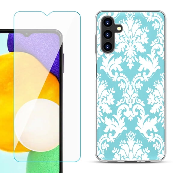 Slim-Fit TPU Fashion Phone Case for Samsung Galaxy A13 5G, with Tempered Glass Screen Protector, by OneToughShield ® - Victorian White/Teal