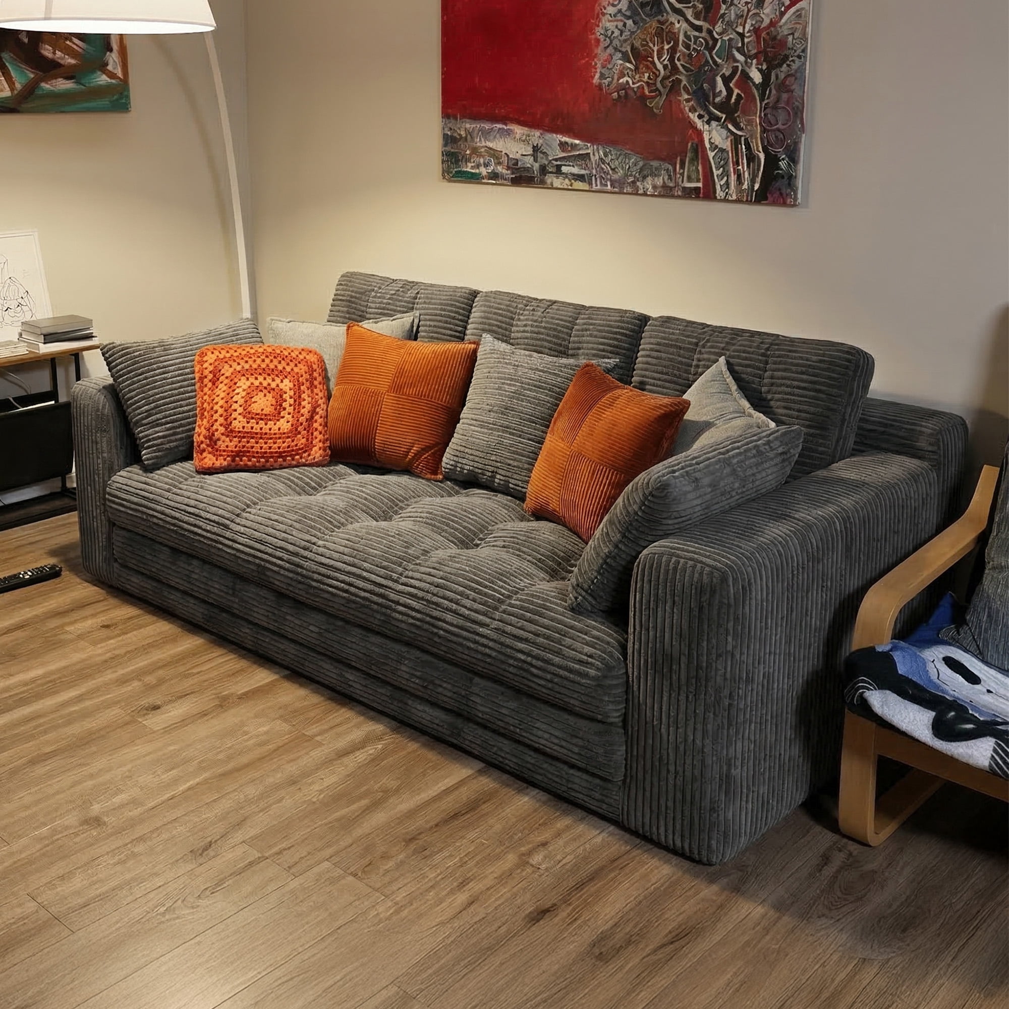 EnHomee 74.8" Foldable Sofa for Adult 3 Seater Sofa Bed Couch with Deep Seat Adjustable Floor Sofa Couch with 5 Pillows,Grey