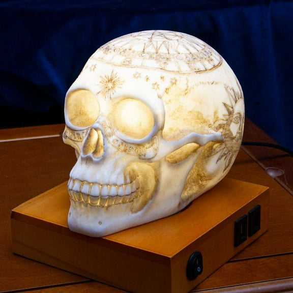 Wicca Astrology Zodiac Skull LED Night Light Statue With USB Charging Wood Base