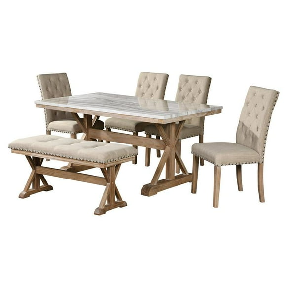 Rustic Natural Wood 6pc Dining Set with a Faux Marble Table + 4 Chairs + Bench