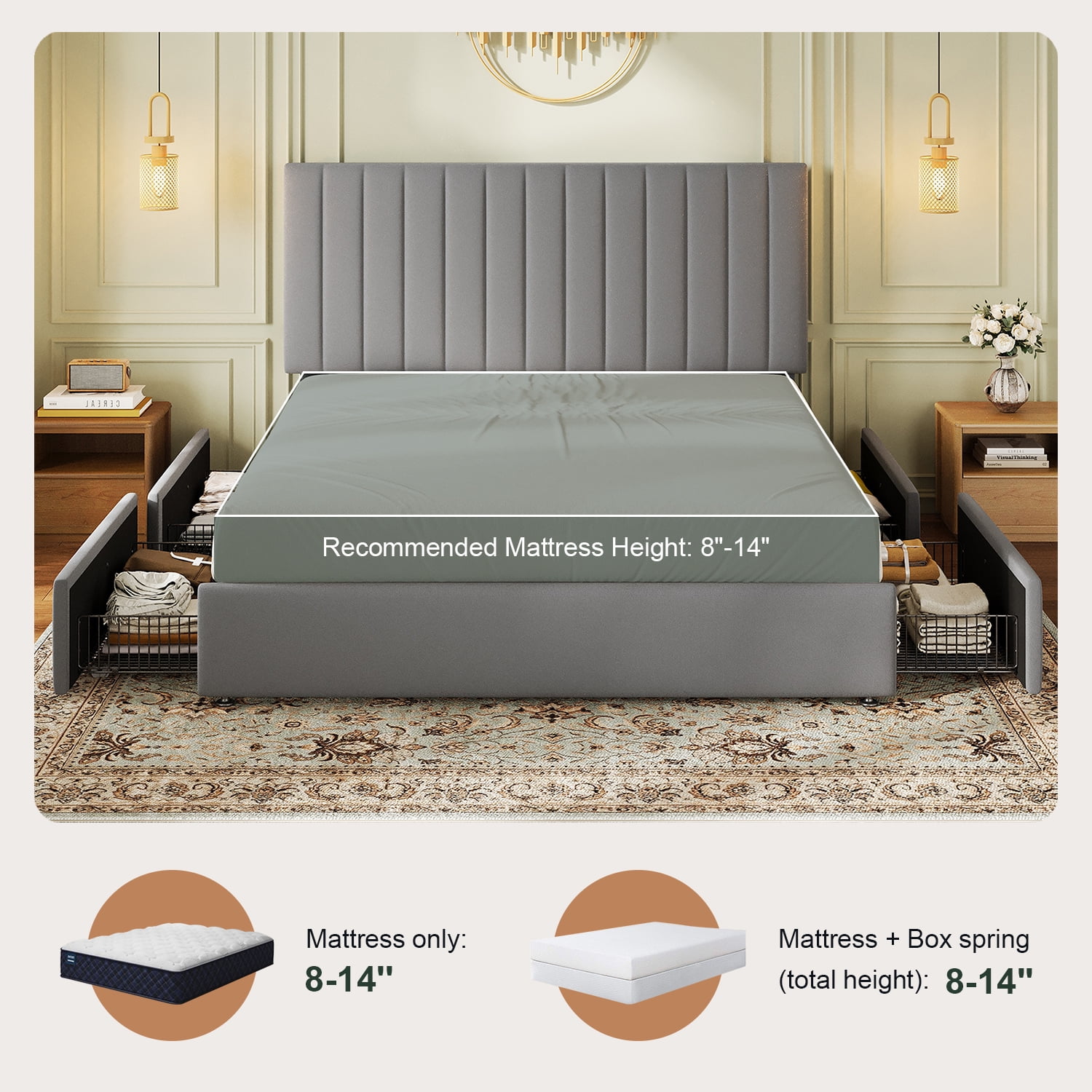 Amolife King Bed Frame with Adjustable Velvet-Wrapped Headboard and 4 Storage Drawers, No Box Spring Required, Gray