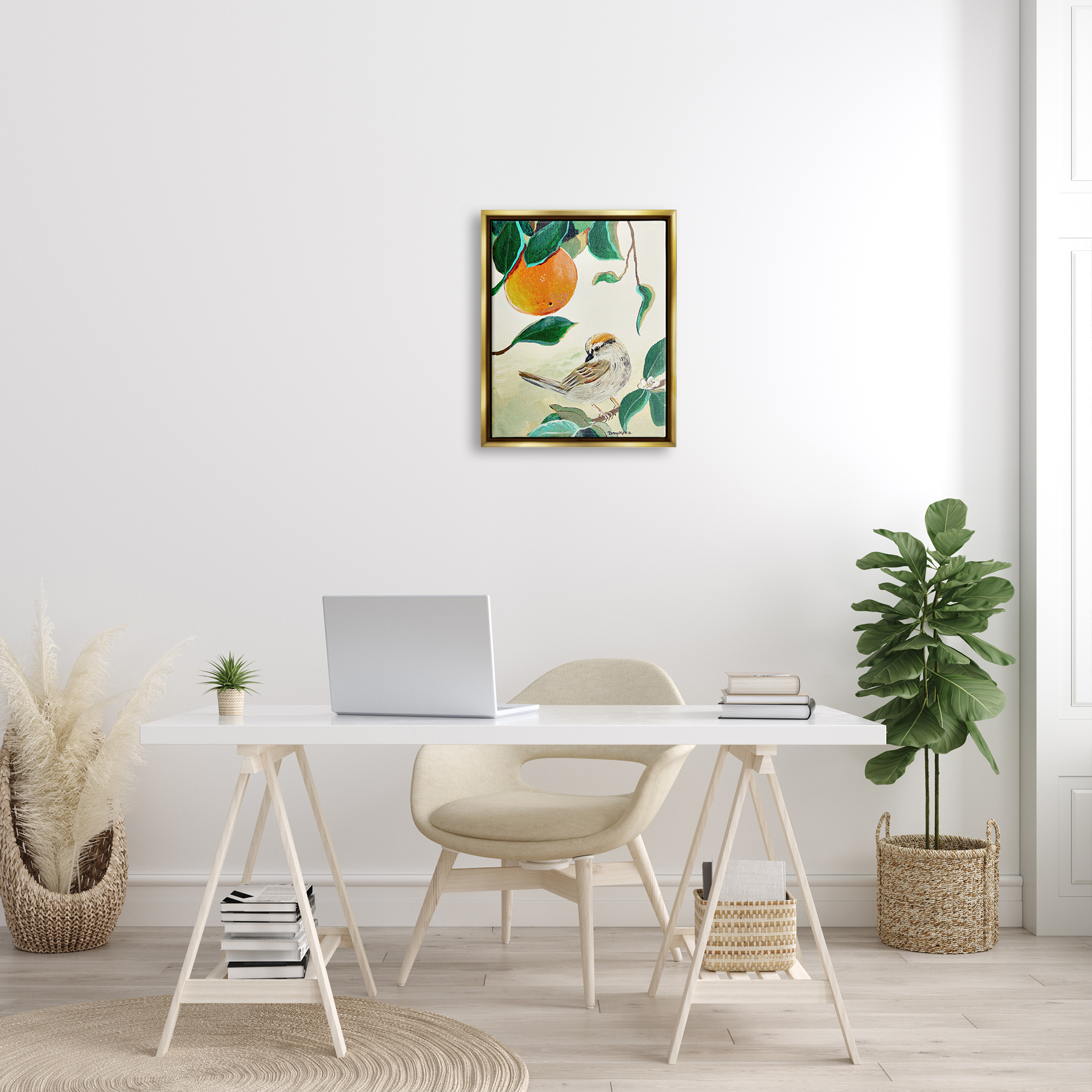 Stupell Industries Bird Perched Orange Fruit Tree Branch Leaves Painting Metallic Gold Floating Framed Canvas Print Wall Art, Design by Robin Maria