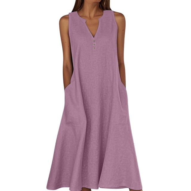 Ohufall Robe Femme en Coton et Lin à Col en V Sans Manches Décontractée Robe Débardeur Unie Confortable avec Poches Robe Midi d'Été Chic