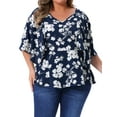 thumbnail image 1 of Agnes Orinda Tops Florales de Talla Grande para Mujer, Cuello en V, Manga Flowy de 3/4, Blusas de Gasa Casual de Verano, Azul Marino 2X, 1 of 5