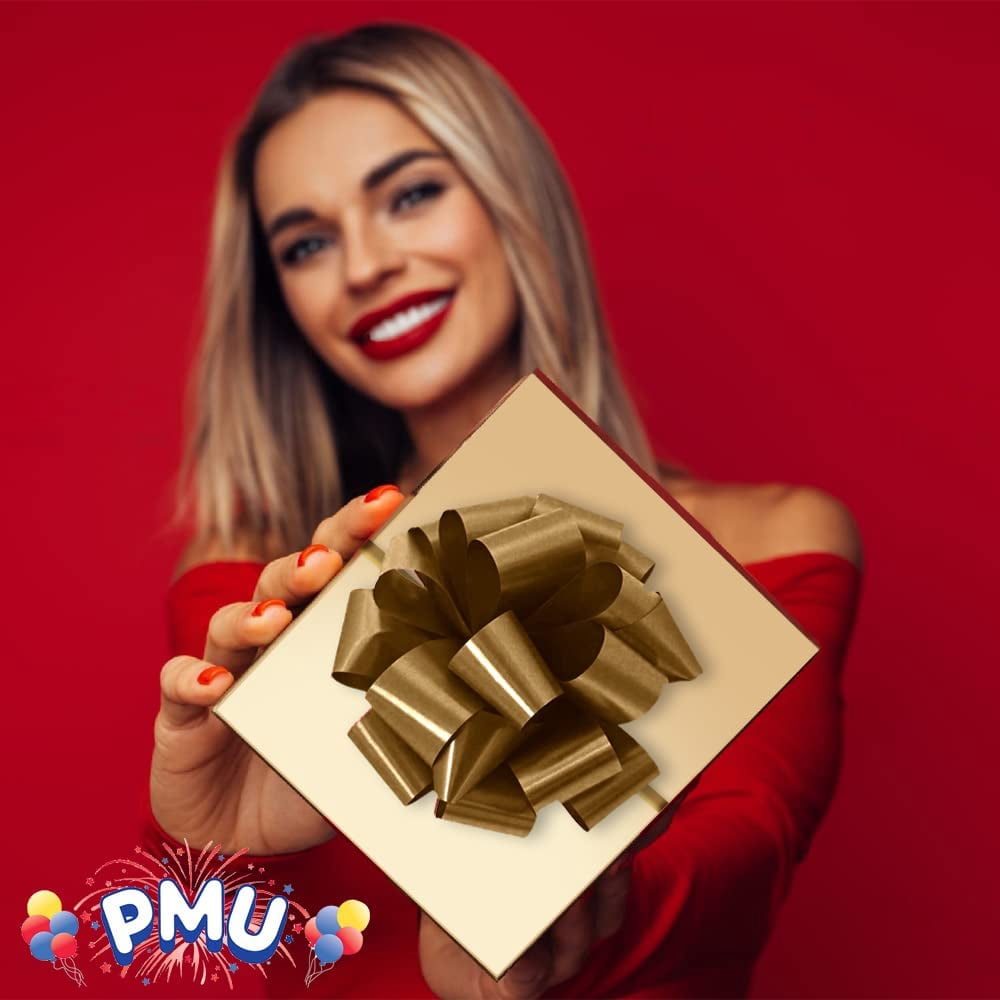 PMU Pom-Pom Pull-Apart - Pull Out Bows for Wedding, Birthdays & Anniversaries - Ribbon Bows for Flowers & Basket Decoration - Large Bow for Gift Wrapping - Gold 5 Inch 20 Loops (3/pkg) Pkg/1