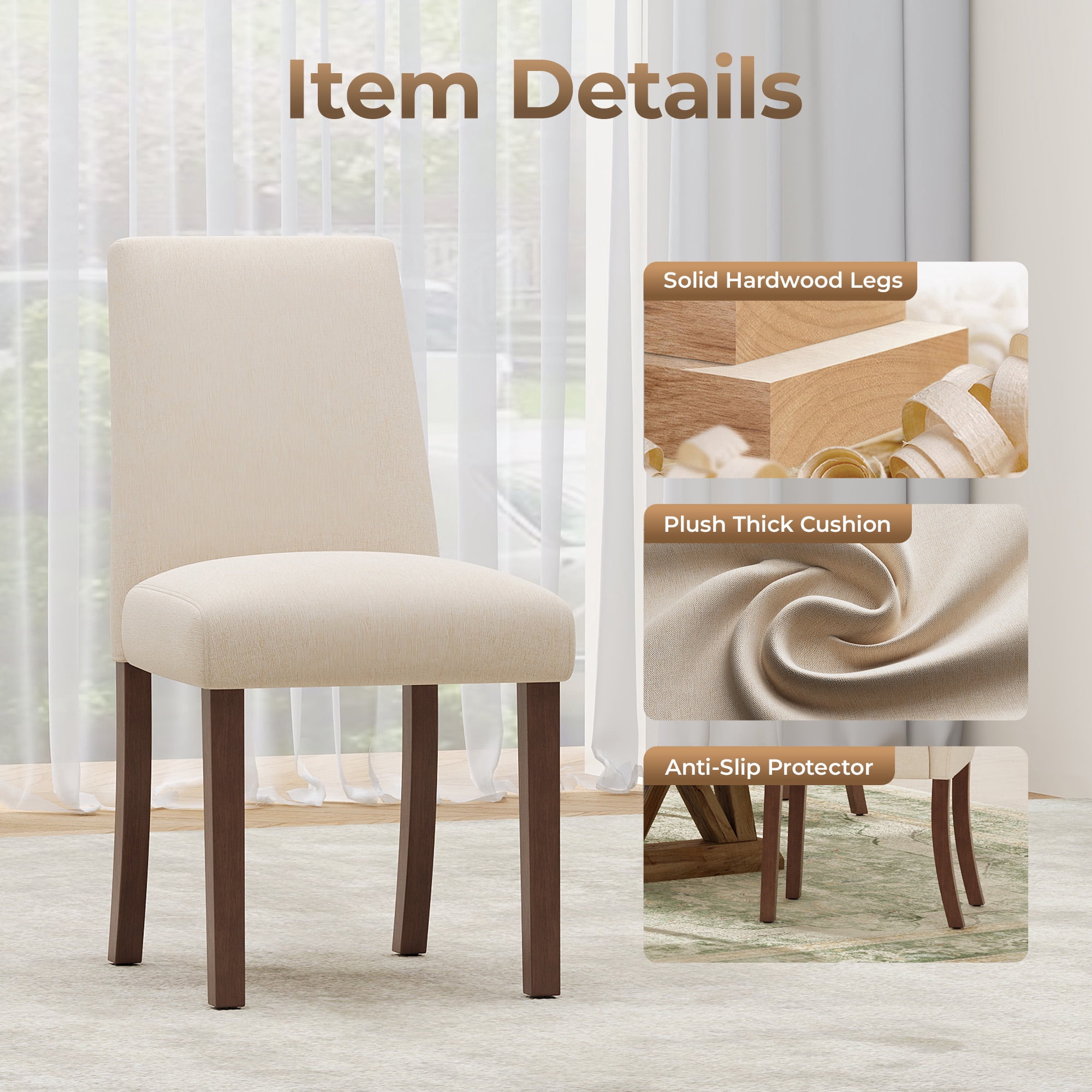 EOP Upholstered Dining Chairs Set of 2, Linen Fabric Dining Side Chairs, Farmhouse Dining Room Chairs, Stylish Kitchen Chairs with Solid Wood Legs and Padded Seat, Beige