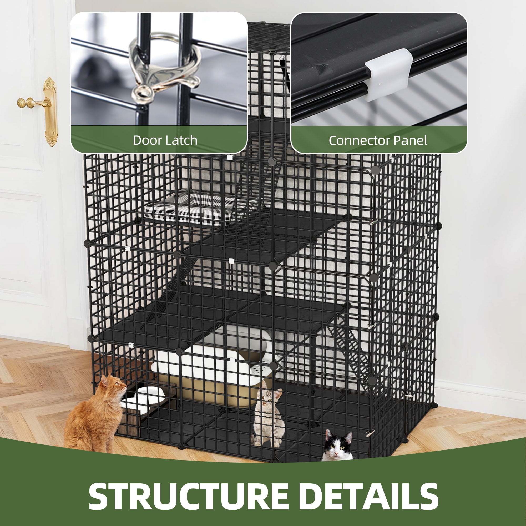 Uforic Large 4-Tier Cat Cage with Extra Large Hammock – Metal Playpen Cat Kennel for 1-3 Cats, Indoor DIY Cat Enclosure, Black, 41"L x 28"W x 55"H