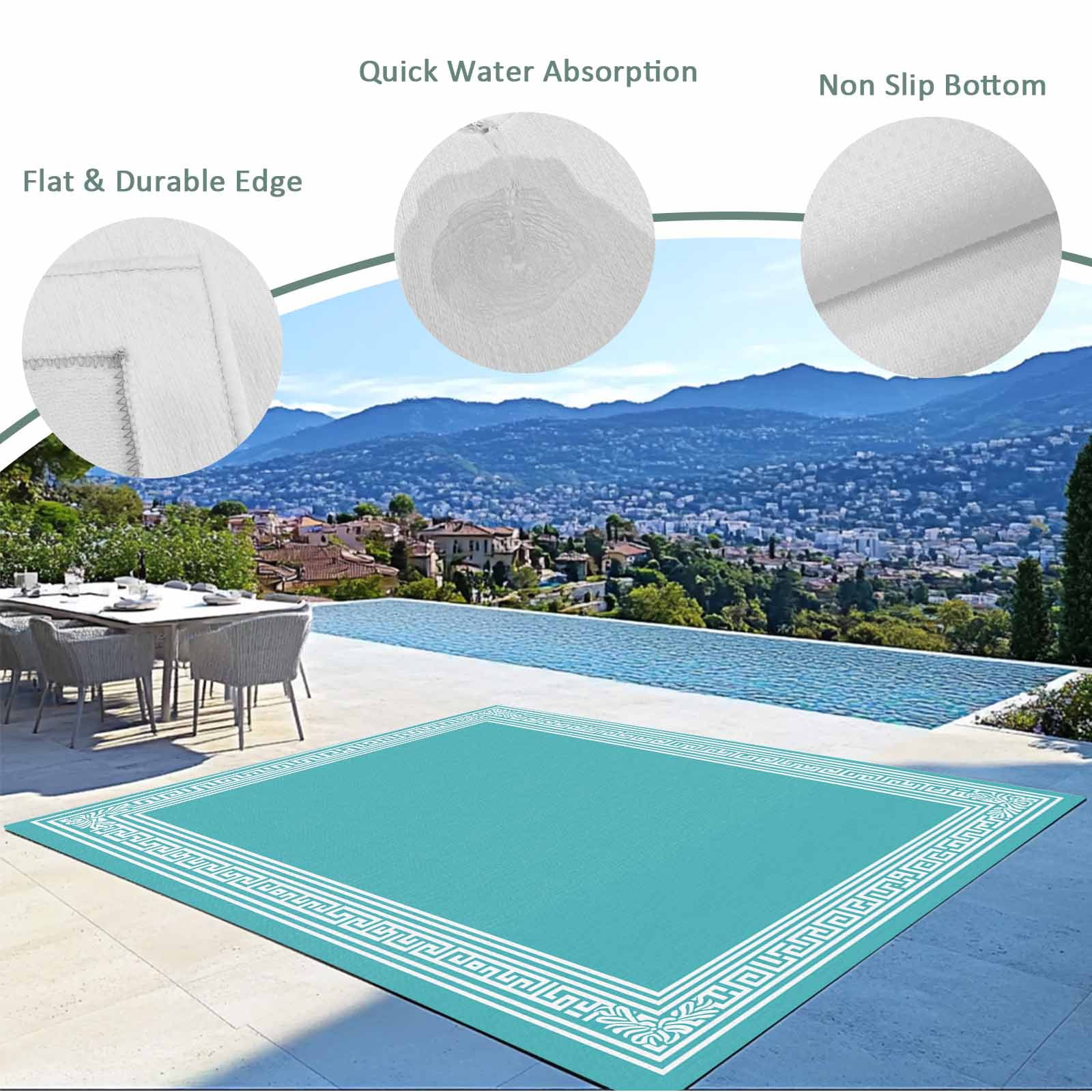 Turquoise Outdoor Rug 6x9 Ft - Reversible Patio Rug Outdoor Camping Rugs, Geometric Boho Ethnic Tile Chic Monochrome Washable Indoor Outdoor Area Rugs, Non-Slip Outdoor Carpet Runner for Deck/Porch