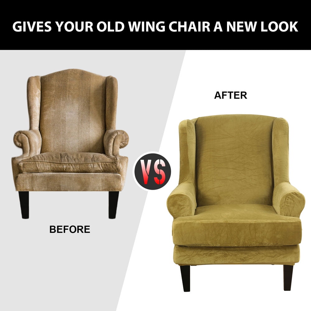 Topchances Stretch Wingback Chair Sofa Slipcover 2-Piece Velvet Plush Sofa Cover Furniture Protector Couch Soft with Elastic Bottom, Light Green