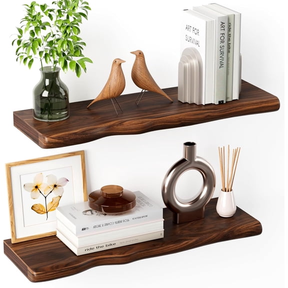 Seasonwood Rustic Farmhouse Floating Wall Shelf, 24 inch Live Edge Solid Pine Shelf for Bathroom Kitchen Bedroom Living Room, Walnut, 2pcs