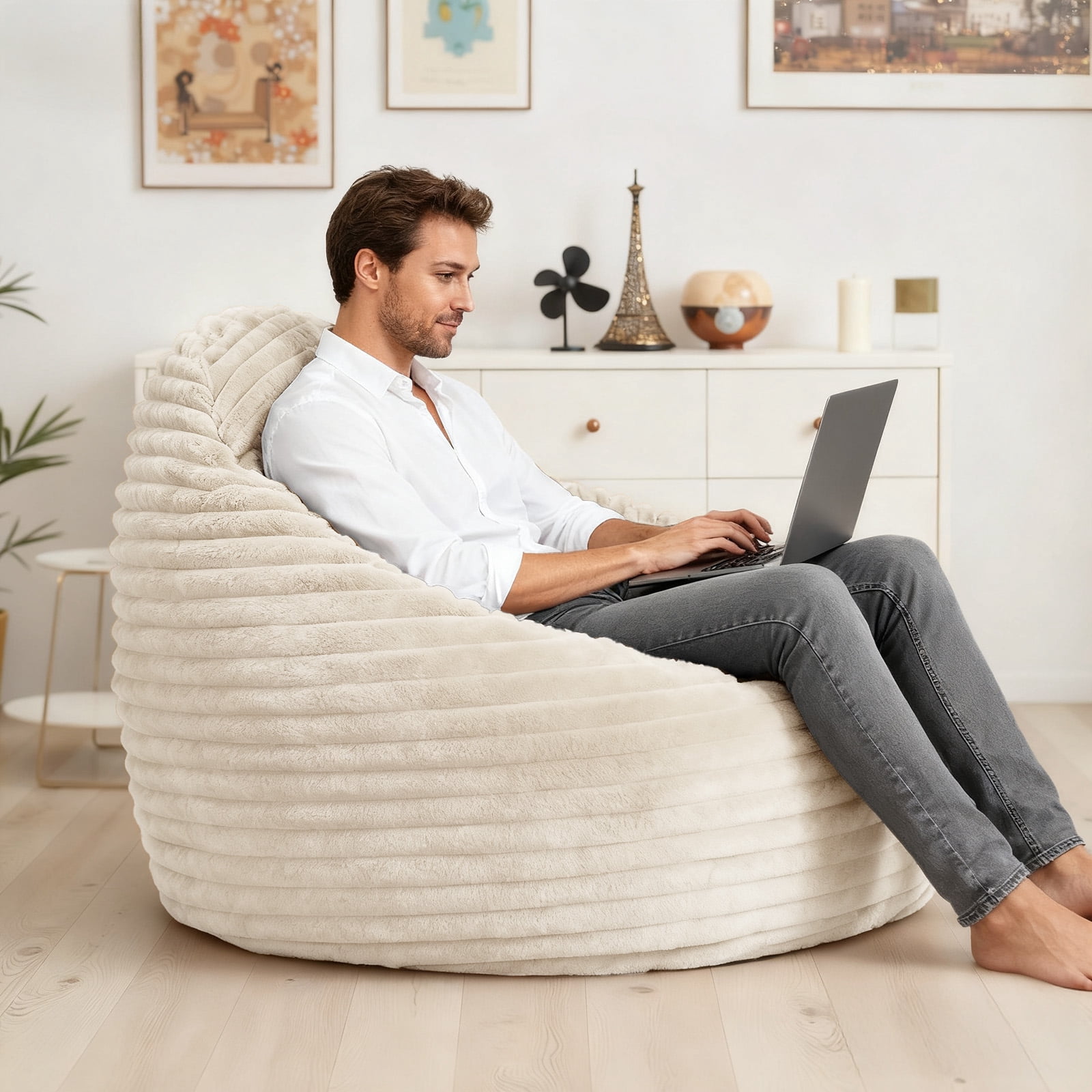 CONCETTA 39ft Sofa Bean Bag Chair , Oversized Beanbag for Adults with Soft Removable Cover, Light brown