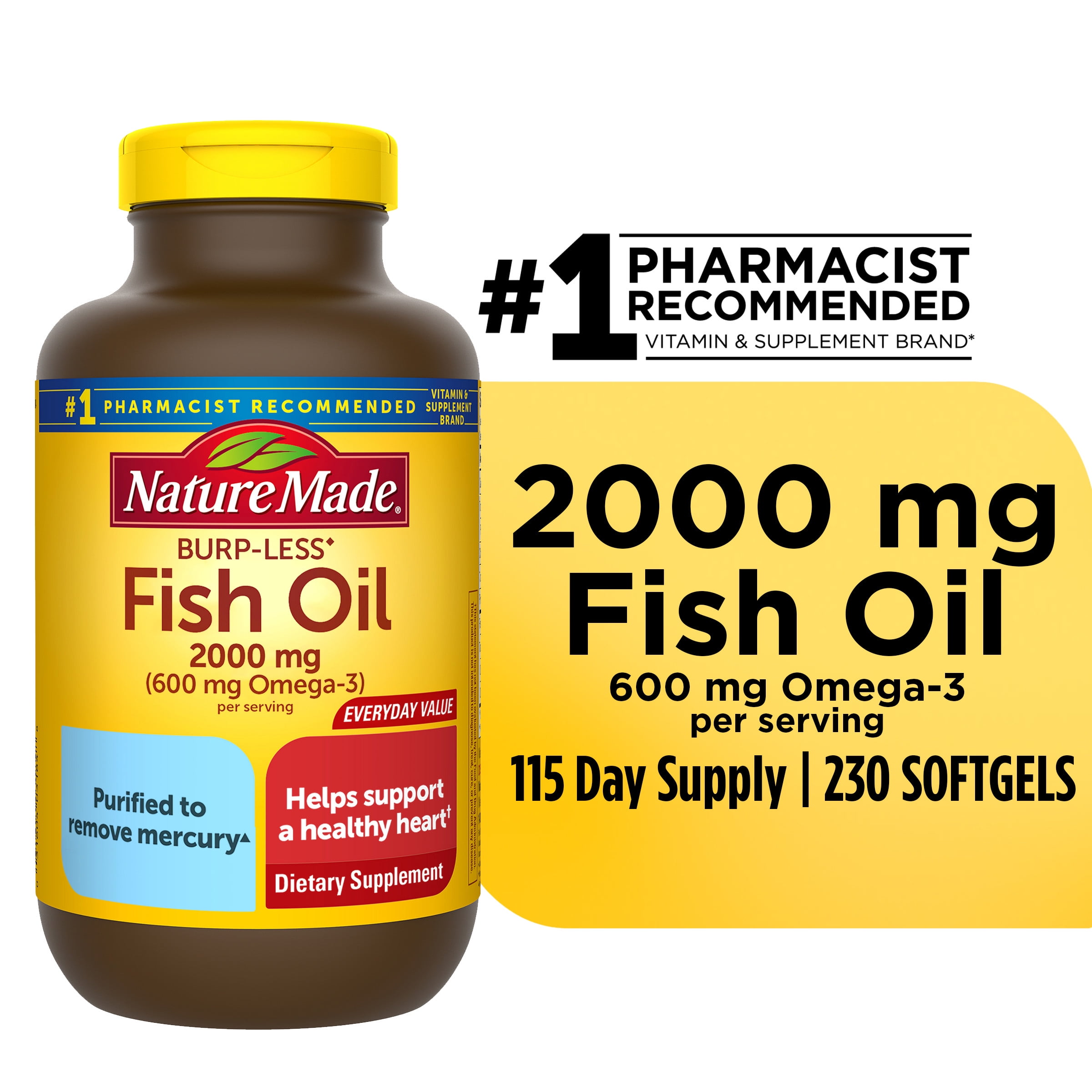 Nature Made Burp-Less Fish Oil 2000 mg Per Serving Softgels, 230 Count