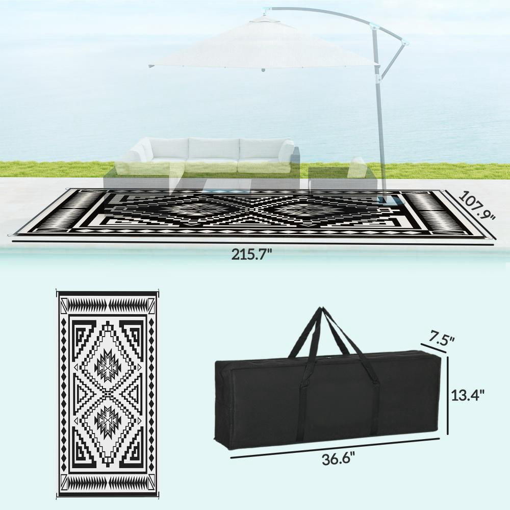 Reversible Outdoor Rug Waterproof Plastic Straw Patio Rug with Carry Bag, Foldable Outdoor Area Rug for Camping Picnic RV Road Tours Garden Balcony Deck, Black and White Square Patchwork