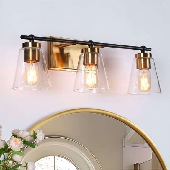 LNC 3-Light Bathroom Vanity Light with Seeded Glass Shades,Modern Black and Gold Finishes