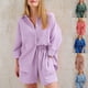 thumbnail image 4 of TRKIYQC Traje de dormir de 2 piezas para mujer, camisa de cuello vuelto de un solo pecho de manga 3/4 de color sólido + pantalones cortos de cintura elástica TRKIYQC moda, 4 of 4