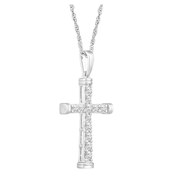 Araiya Fine Jewelry 10K White Gold Round Diamond Cross Pendant with Sterling Silver Rope Chain Necklace (1/3 cttw, I-J Color, I2-I3 Clarity), 18"