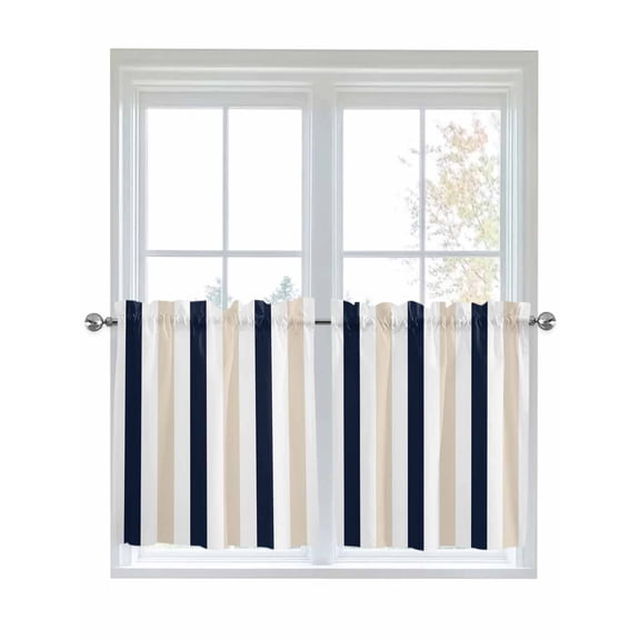 Half Window Curtain 36 Inches Long, Beige Navy Blue Striped Window Treatment Curtain Drapes, Farmhouse Stripe Art Small Tier Curtains for Bathroom Over Sink, 27.5"x36", 2 Panels
