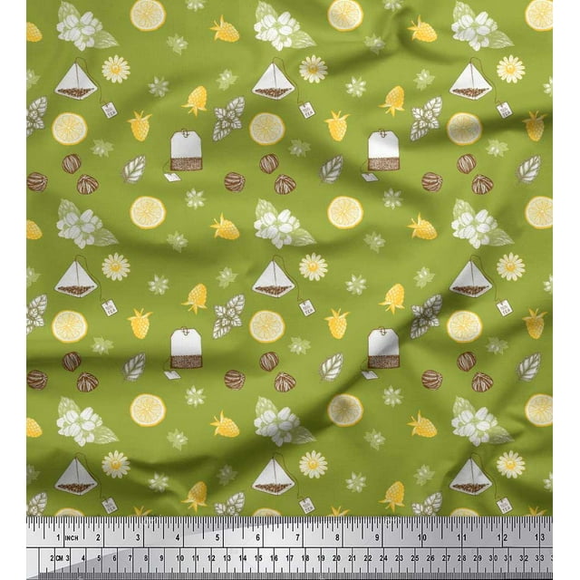 Soimoi Green polyester Crepe Fabric Tea Bag,Star Anise & Lemon Slice Vegetable Printed Fabric 1 Yard 42 Inch Wide