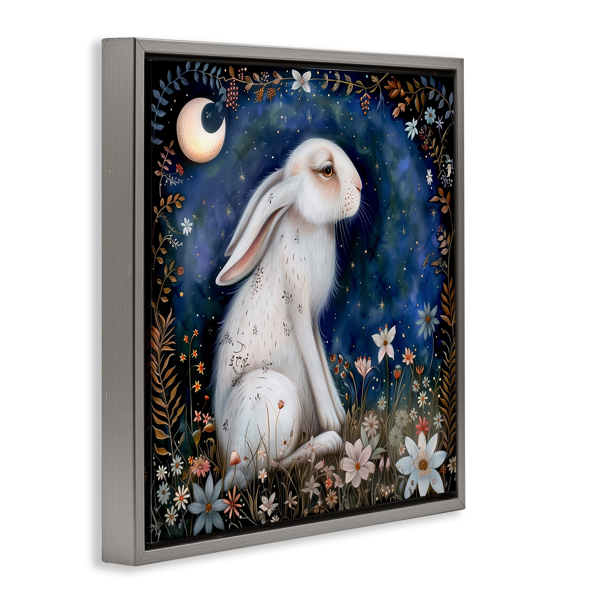 Stupell Industries White Rabbit Forest Scene Animals Painting Gray Floater Framed Canvas Art Print Wall Art, 18 x 18