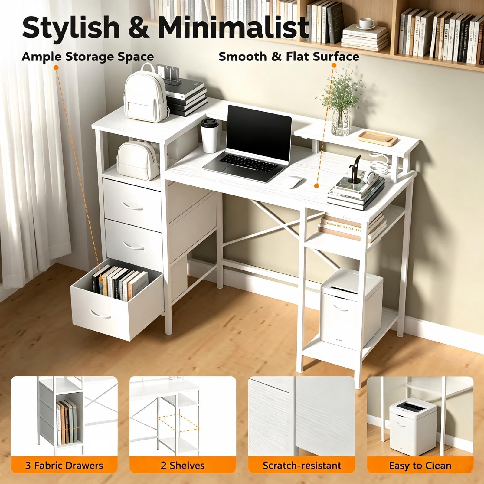 3-Drawer 4-Shelf Computer Desk with Power Strip, White, 47.2 x 18.8 x 34.7 in