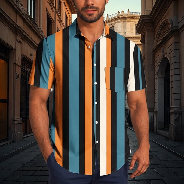 Blusa y camisa de manga corta con cuello vuelto para hombre, blusa informal de moda con cuello vuelto y estampado de rayas, blusa de manga corta con botones, blusa de poliéster para hombre
