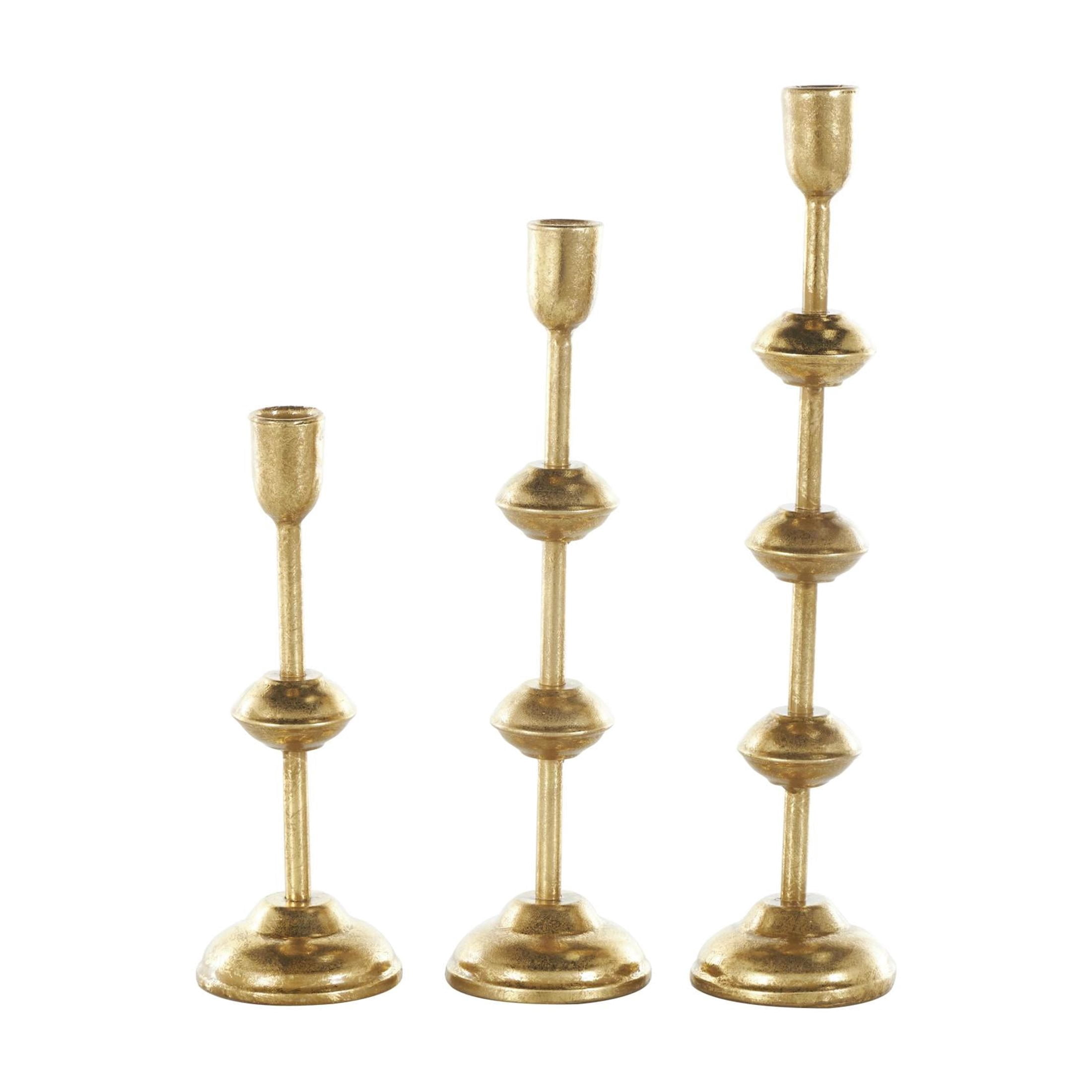DecMode 3 Candle Gold Metal Slim Candle Holder with Floating Spheres, Set of 3