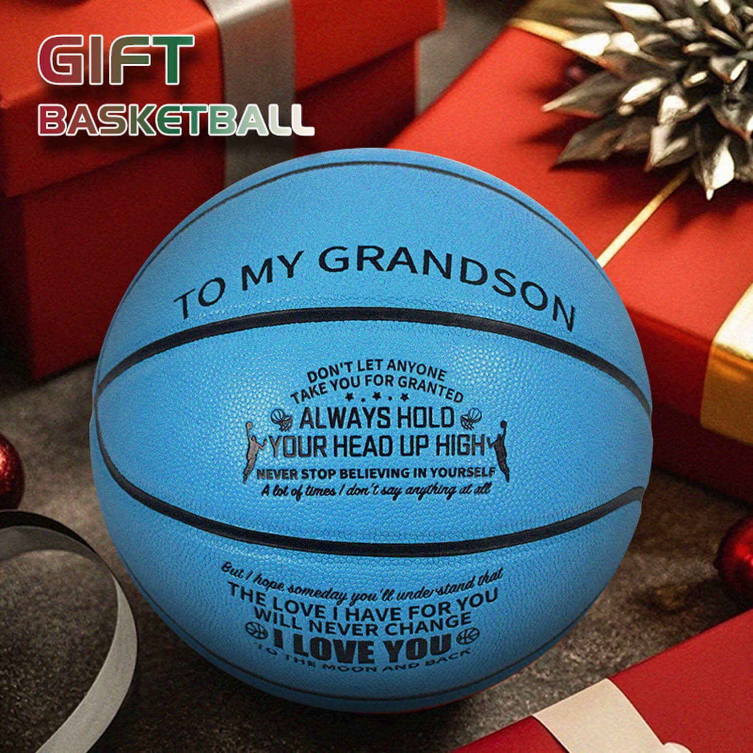 SALYWEE PU Basketball "to My Grandson" No.7 Size Best Gift for Adult Teens Sports(Free Pump&Bag)