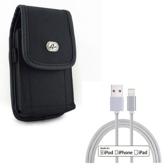 MFi USB Cable w Case Belt Clip for iPhone 8/7/6S/6 - 10ft Certified Charger Cord Power Wire, Rugged Holster Canvas Cover Pouch for iPhone 8/7/6S/6 Models