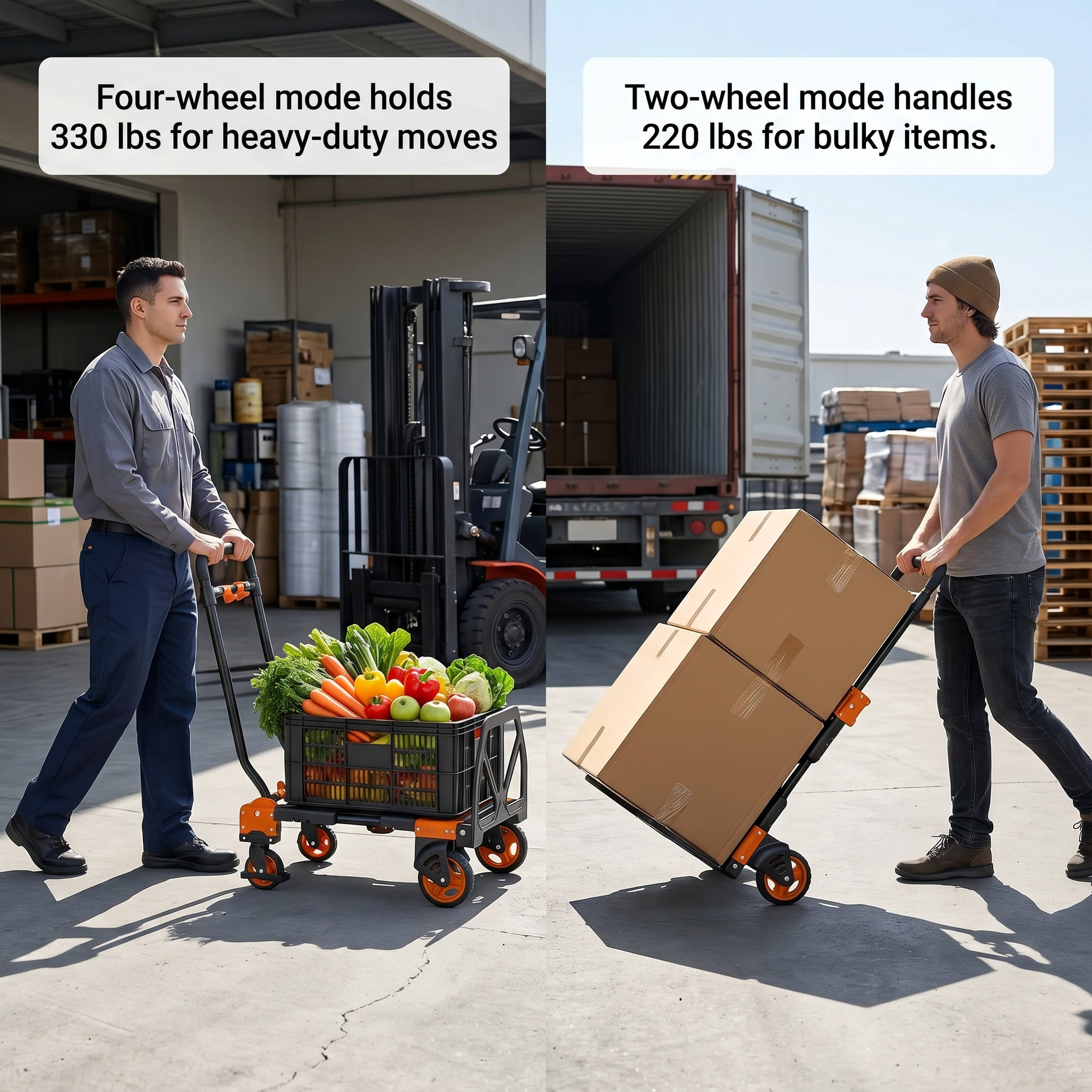 Adnoom 2-in-1 Folding Hand Truck Heavy Duty, 300 lbs Capacity Utility Cart with 4 Wheels, Retractable Handle Convertible Platform Dolly for Moving Boxes Furniture Luggage, Orange