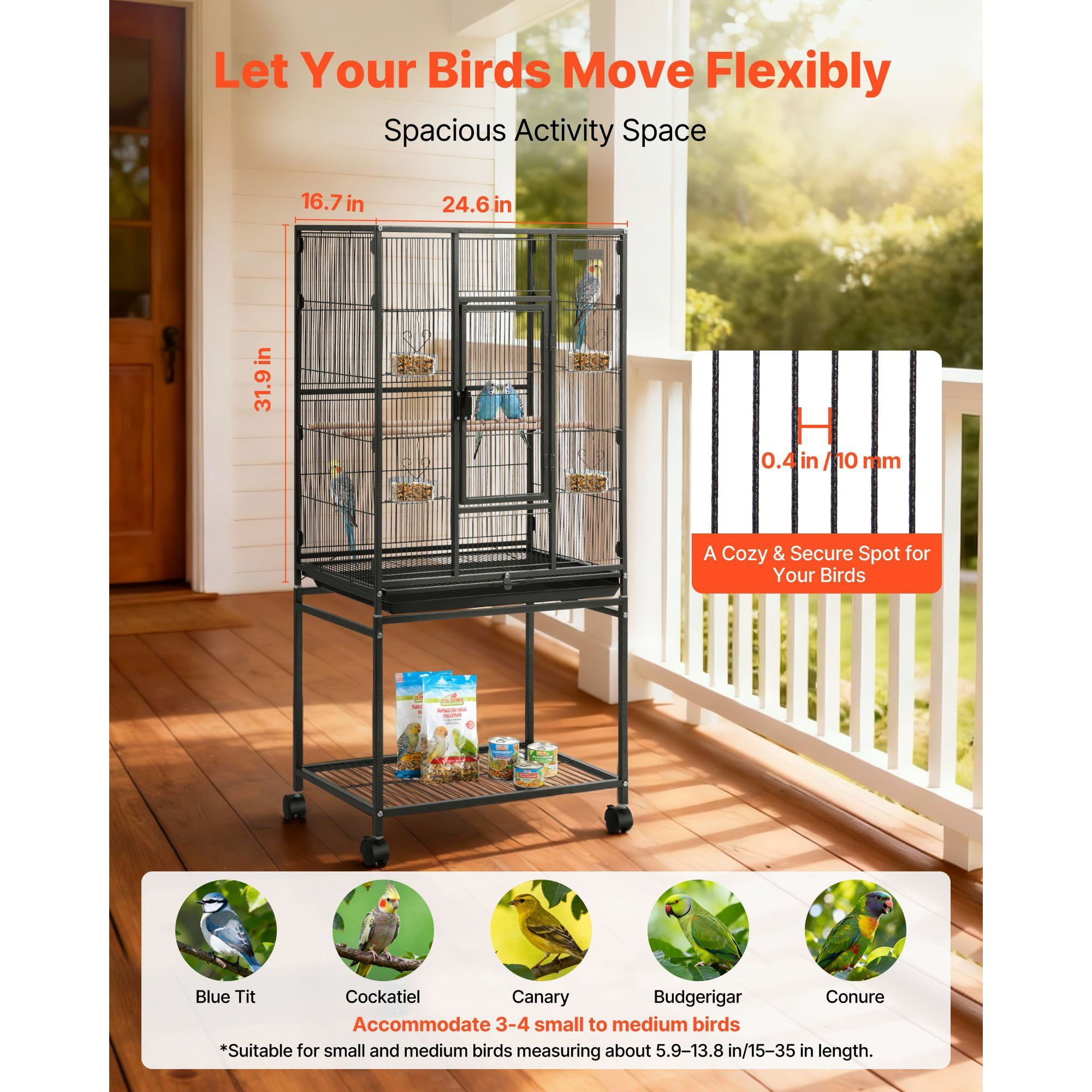 Bird Cage,24.6x16.7x53.9",Flat Top,Wrought Iron Bird Flight Cage with Perches,Slide-Out Tray&Plastic Feeders,Casters,for Parrot,Blue Tit,Cockatiel,Canary,Budgerigar,Conure