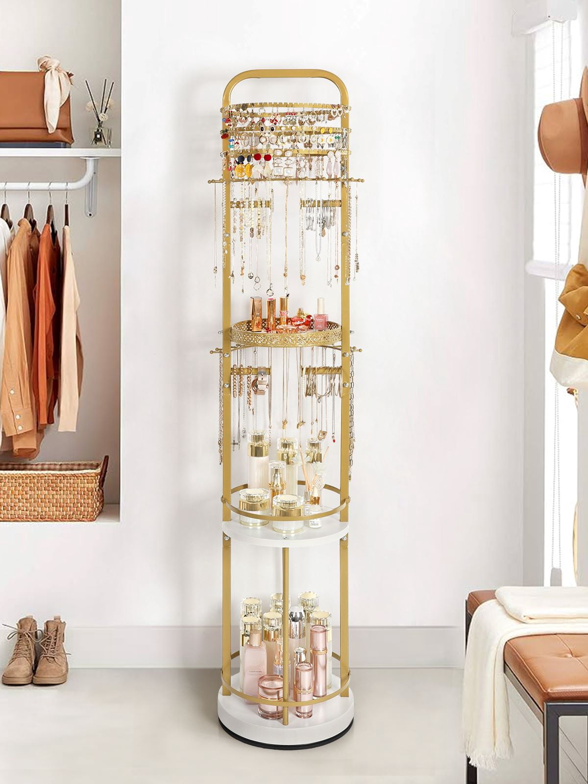 Olakee Rotating Large-Capacity Jewelry Organizer Stand for Earring, Necklace, Bracelet, Ring, Durable Metal & Wood, Girls & Women, Modern, White & Gold