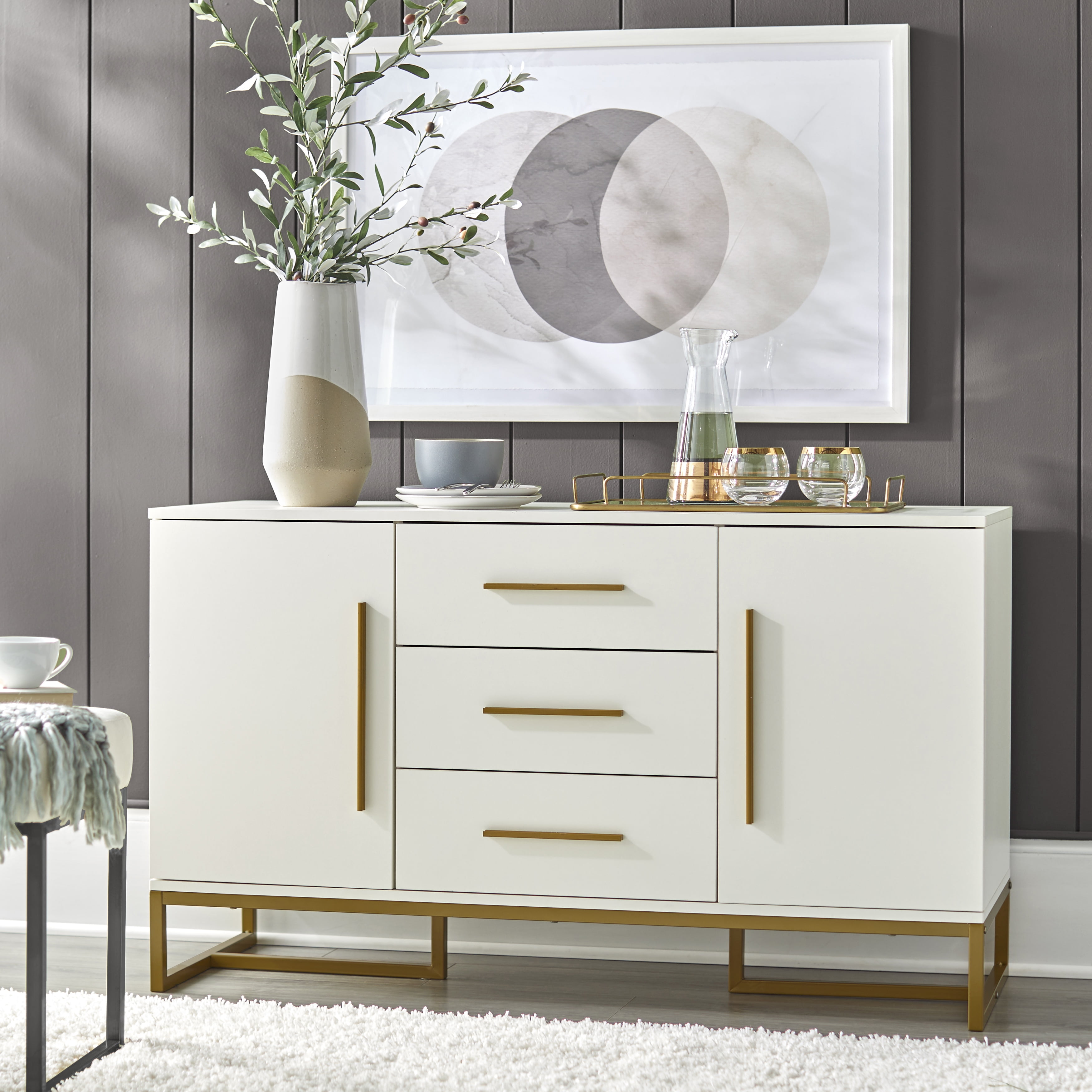 Ember Interiors Briar 47" Modern Dining Room Storage Sideboard, White Finish