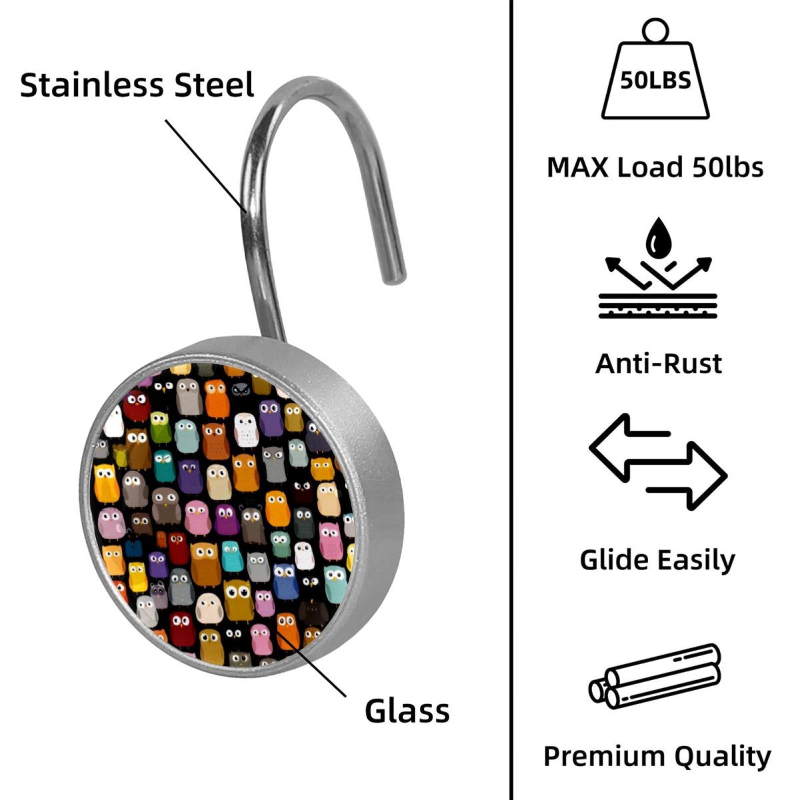 12pcs Decorative Shower Curtain Hooks, Rust Resistant Shower Rings for Bathroom Living Room,Rustproof Stainless Steel Rings for Shower Curtain and Liner Rods,Colorful Owls Pattern