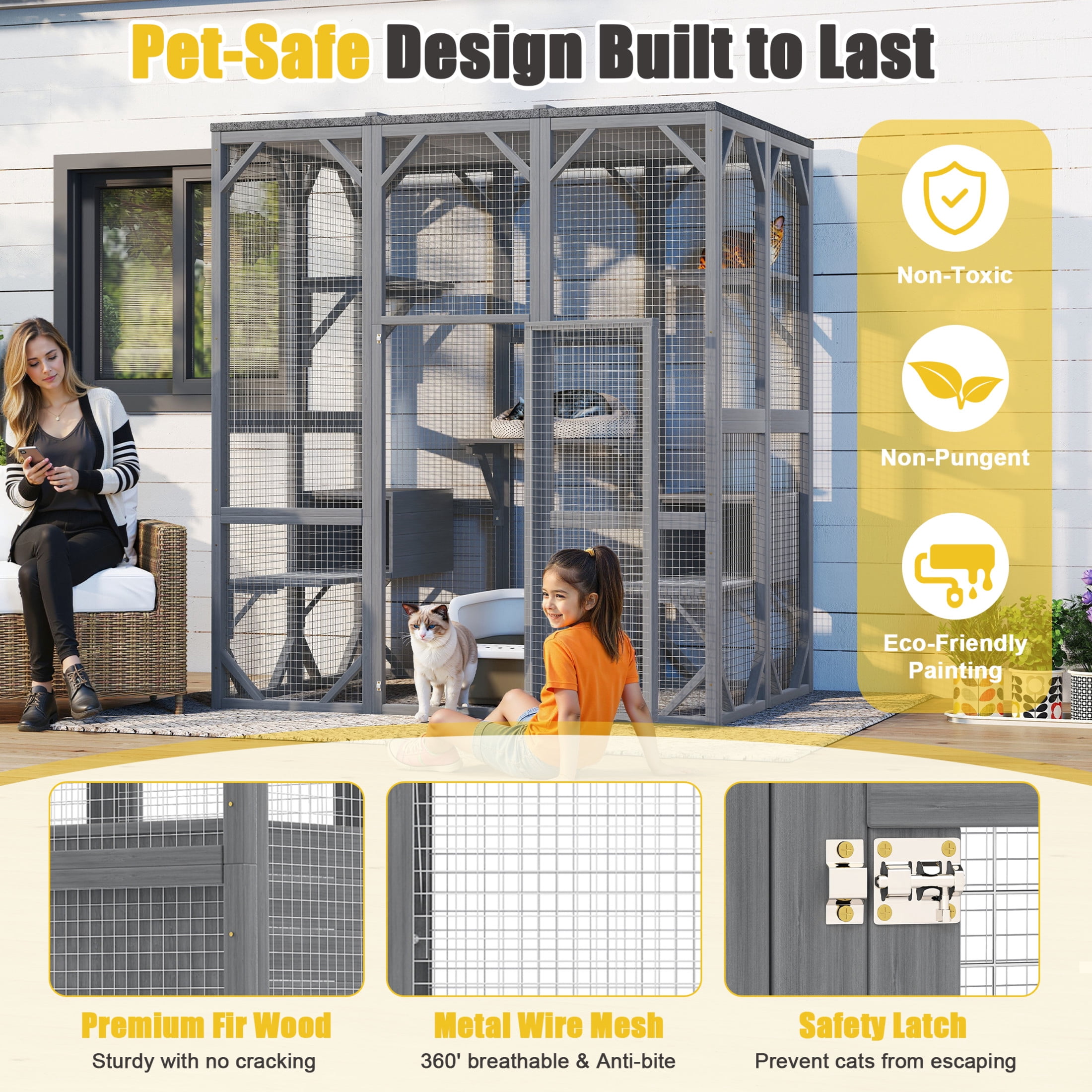 Noble House Large Outdoor Cat Enclosure, Wood Cat House with 6 Platforms & Lockable Doors for Patio Garden, Gray